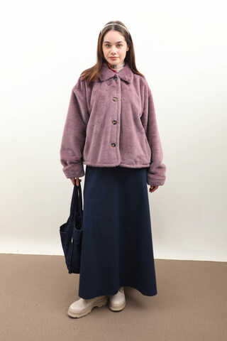 Düğmeli Kısa Kürk Gül Kurusu - 6