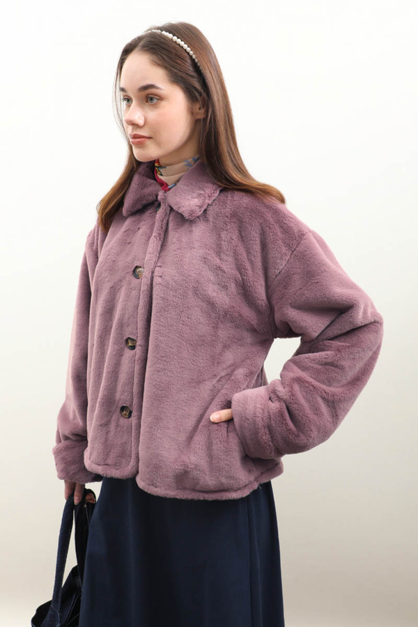 Düğmeli Kısa Kürk Gül Kurusu - 7