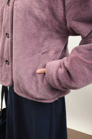 Düğmeli Kısa Kürk Gül Kurusu - 8