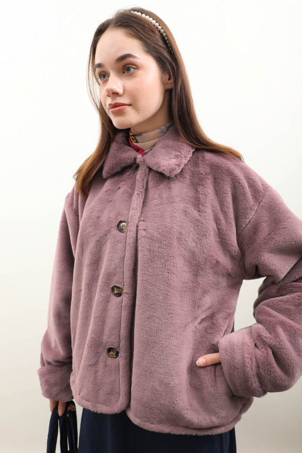 Düğmeli Kısa Kürk Gül Kurusu - 9