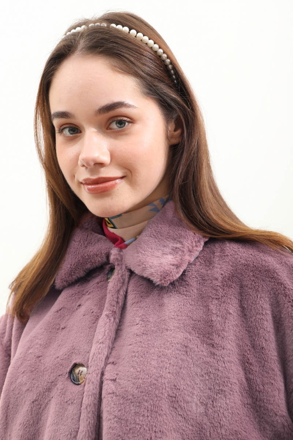 Düğmeli Kısa Kürk Gül Kurusu - 10