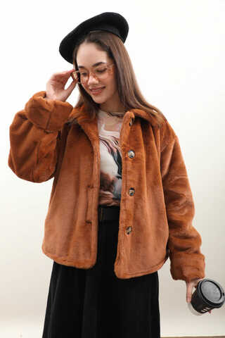 Düğmeli Kısa Kürk Kiremit - 2