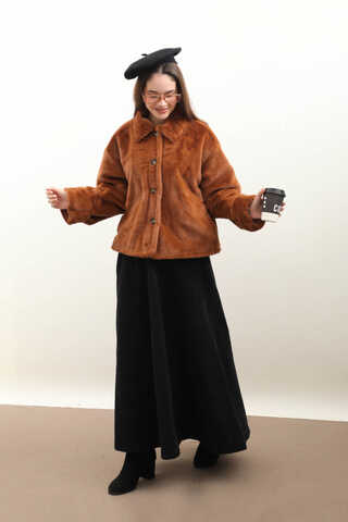 Düğmeli Kısa Kürk Kiremit - 3