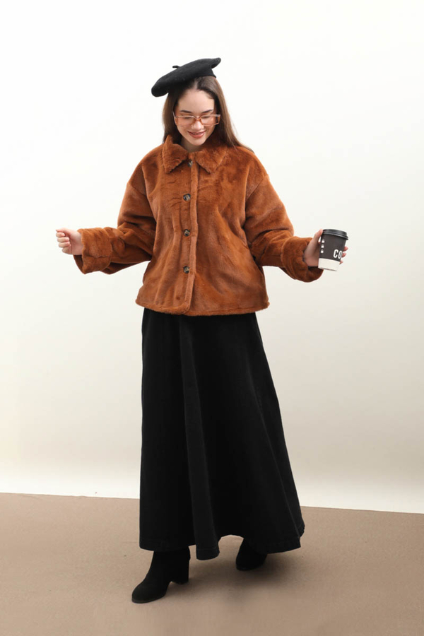 Düğmeli Kısa Kürk Kiremit - 3