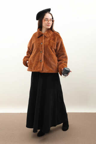 Düğmeli Kısa Kürk Kiremit - 4