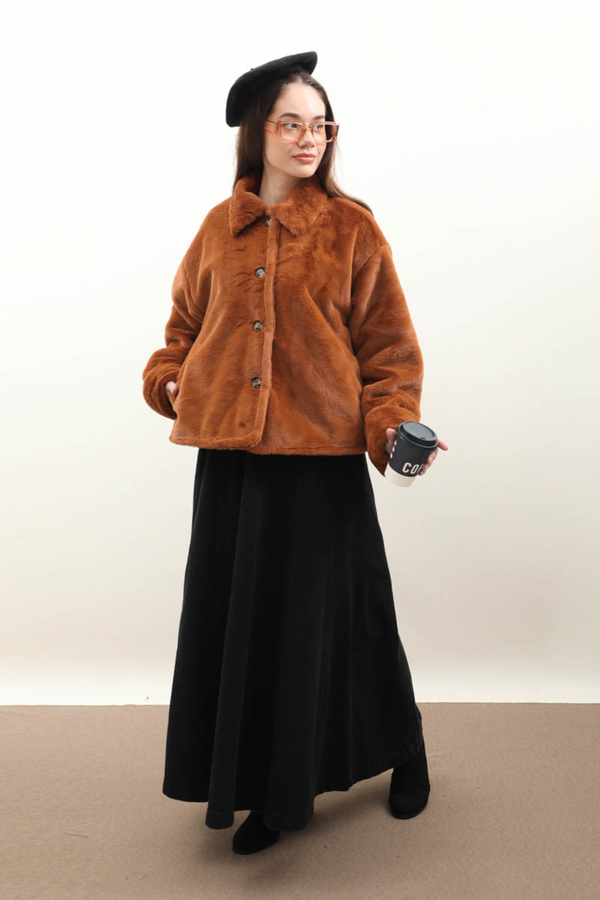 Düğmeli Kısa Kürk Kiremit - 4