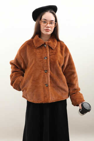 Düğmeli Kısa Kürk Kiremit - 5