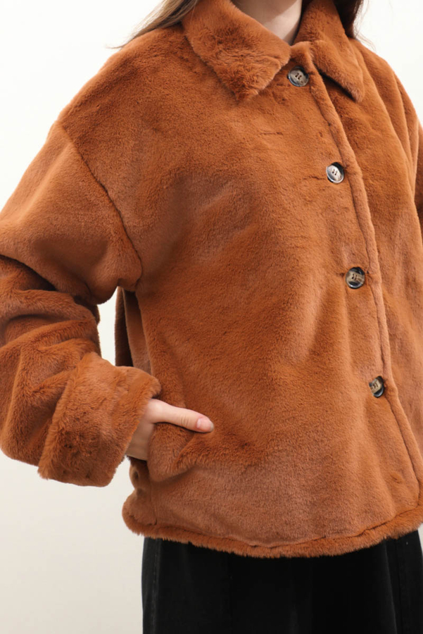 Düğmeli Kısa Kürk Kiremit - 6