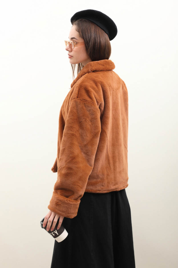 Düğmeli Kısa Kürk Kiremit - 10