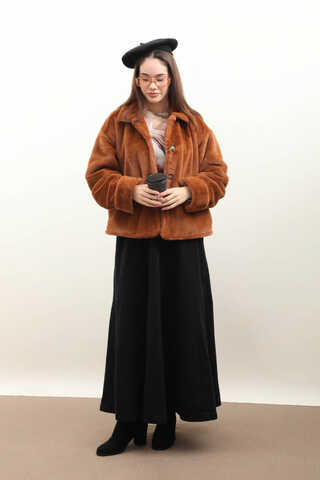 Düğmeli Kısa Kürk Kiremit - 11