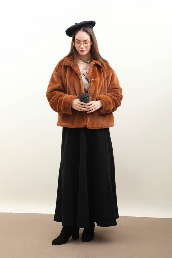 Düğmeli Kısa Kürk Kiremit - 11