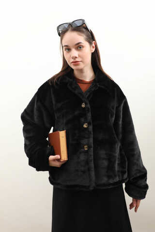 Düğmeli Kısa Kürk Siyah - 4