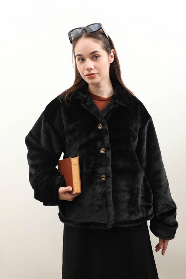 Düğmeli Kısa Kürk Siyah - 4