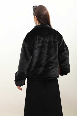 Düğmeli Kısa Kürk Siyah - 11