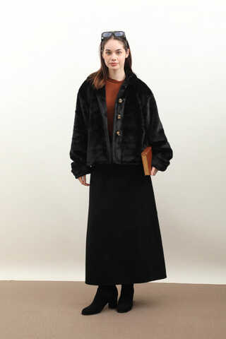 Düğmeli Kısa Kürk Siyah - 5