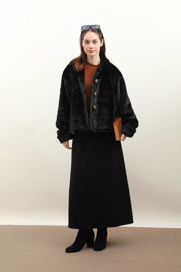 Düğmeli Kısa Kürk Siyah - 5