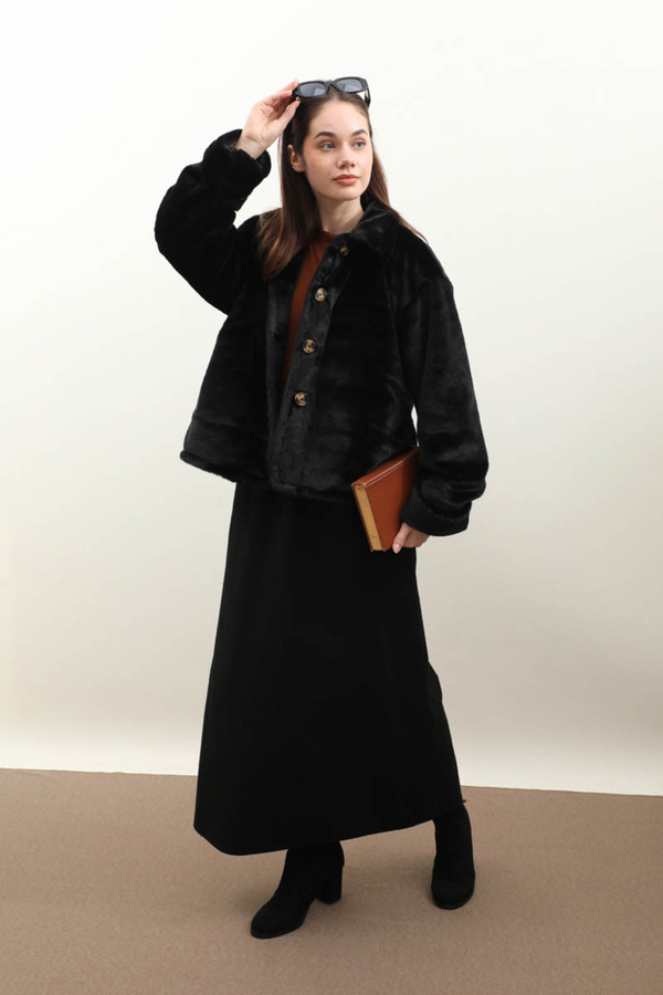 Düğmeli Kısa Kürk Siyah - 1