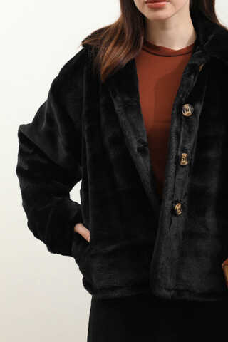 Düğmeli Kısa Kürk Siyah - 6