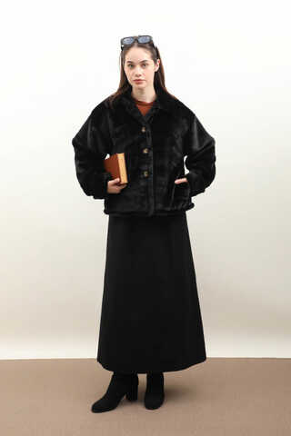 Düğmeli Kısa Kürk Siyah - 8