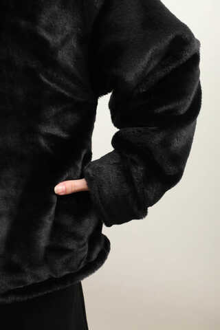 Düğmeli Kısa Kürk Siyah - 2