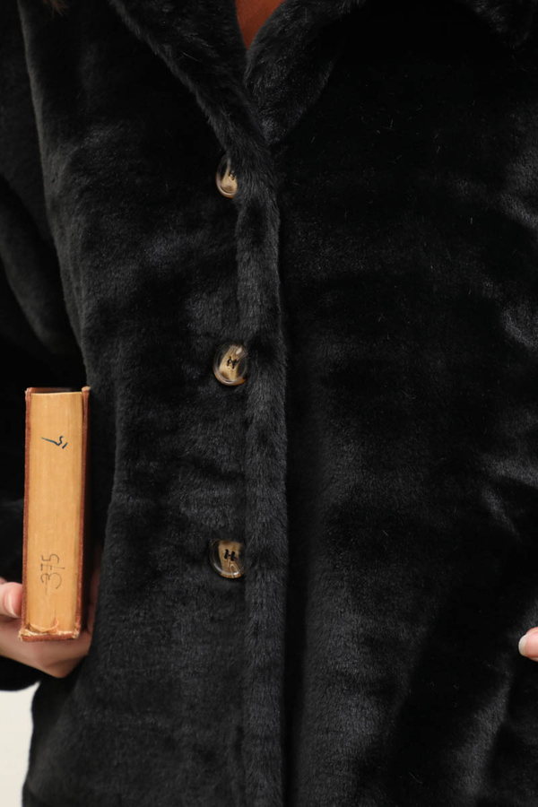 Düğmeli Kısa Kürk Siyah - 3