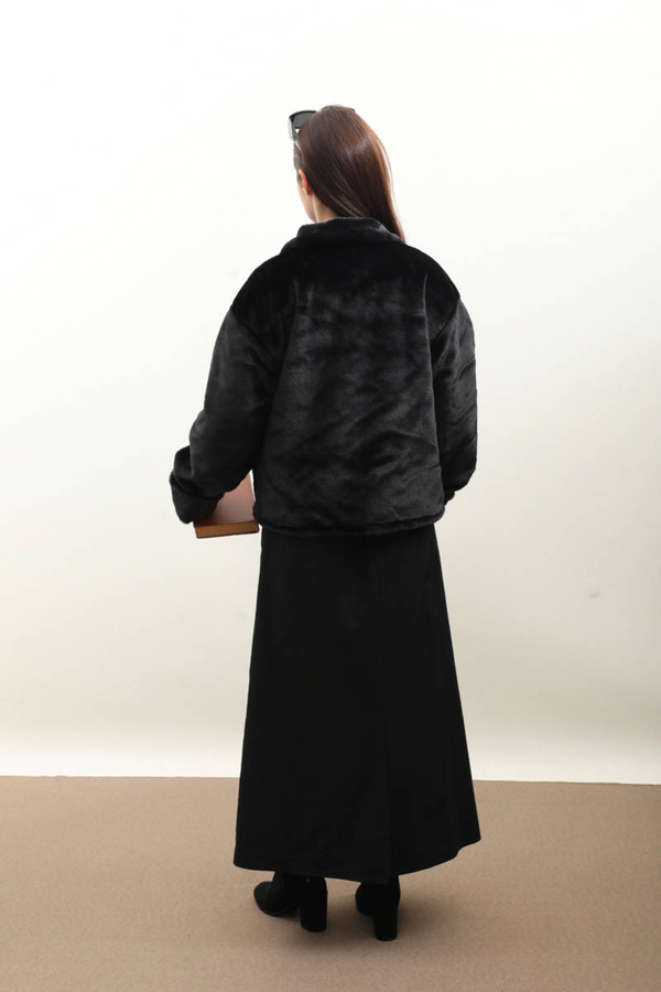 Düğmeli Kısa Kürk Siyah - 10