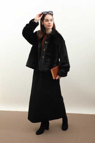 Düğmeli Kısa Kürk Siyah - 1