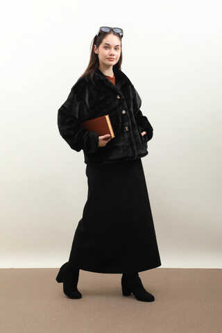 Düğmeli Kısa Kürk Siyah - 7