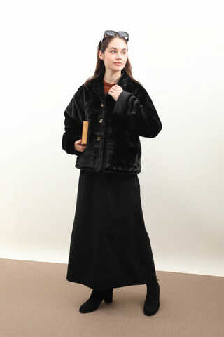 Düğmeli Kısa Kürk Siyah - 9