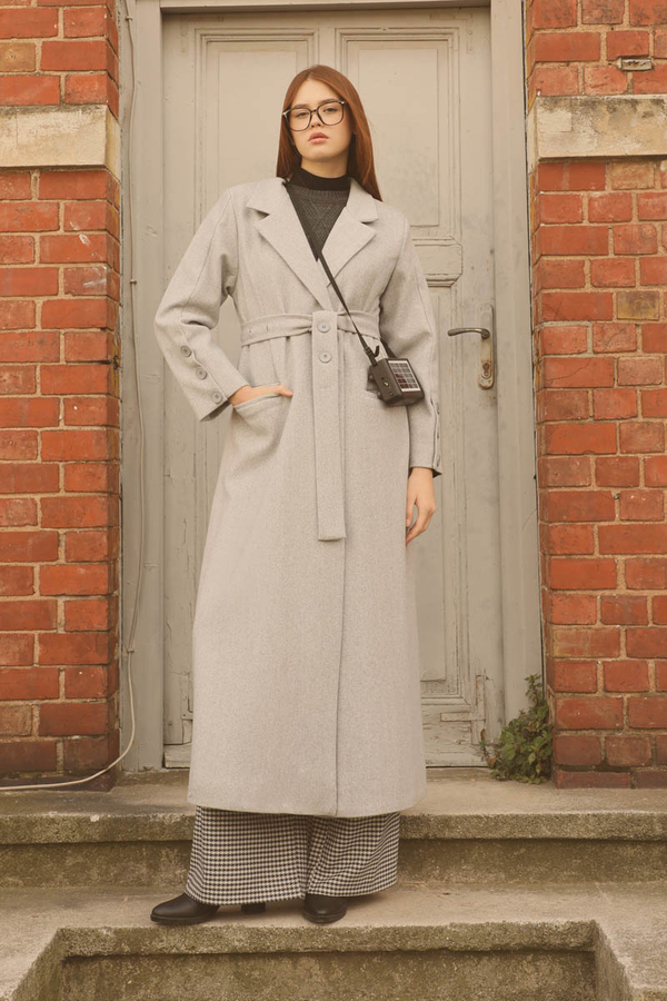 Düğmeli Klasik Kaban Gri - 4