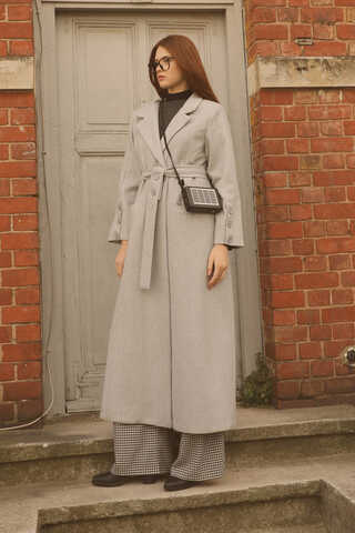 Düğmeli Klasik Kaban Gri - 5