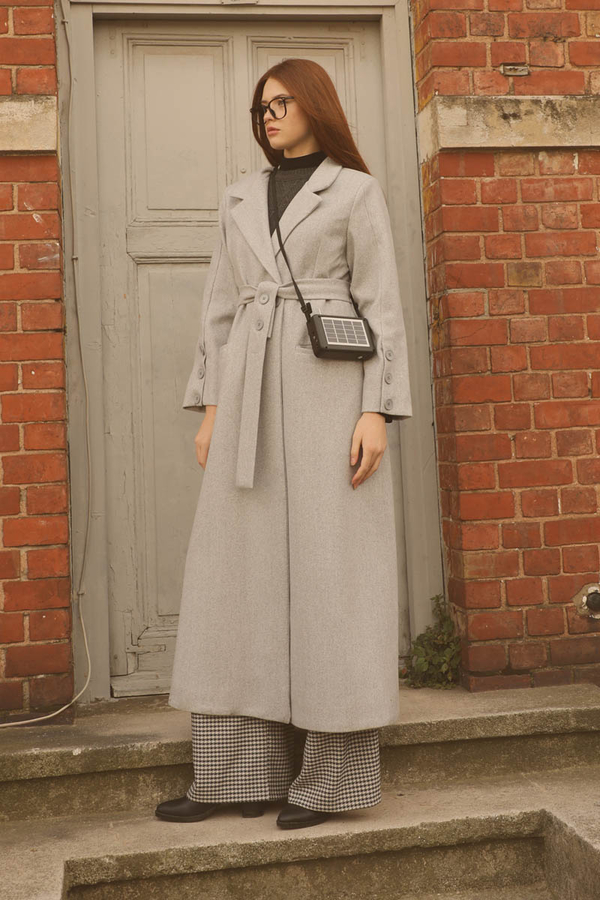 Düğmeli Klasik Kaban Gri - 5