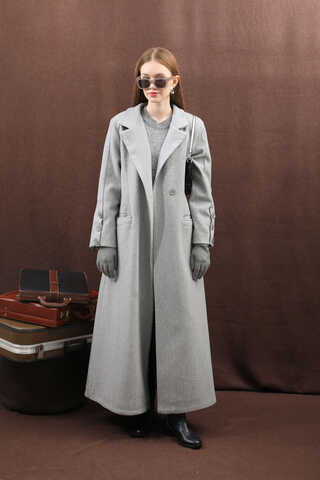 Düğmeli Klasik Kaban Gri - 12