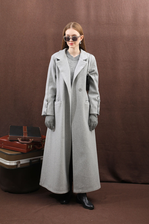 Düğmeli Klasik Kaban Gri - 12