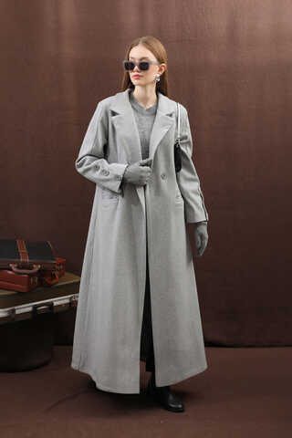 Düğmeli Klasik Kaban Gri - 14