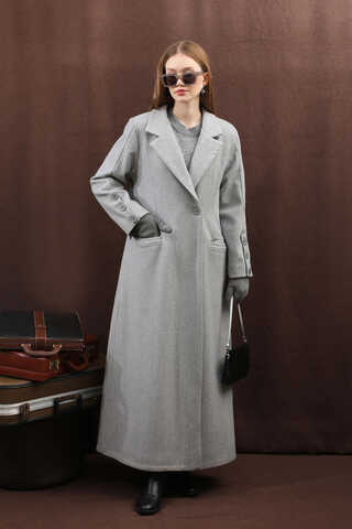 Düğmeli Klasik Kaban Gri - 16