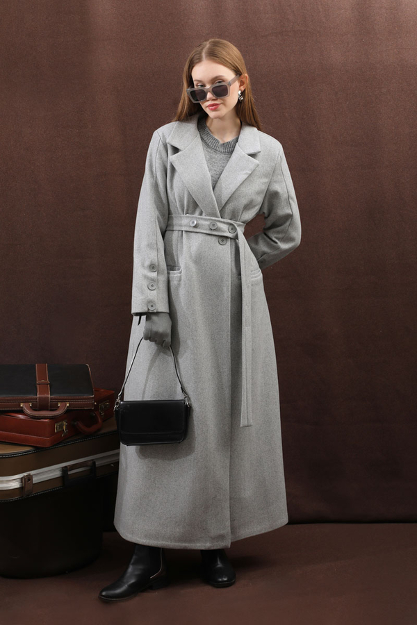 Düğmeli Klasik Kaban Gri - 17