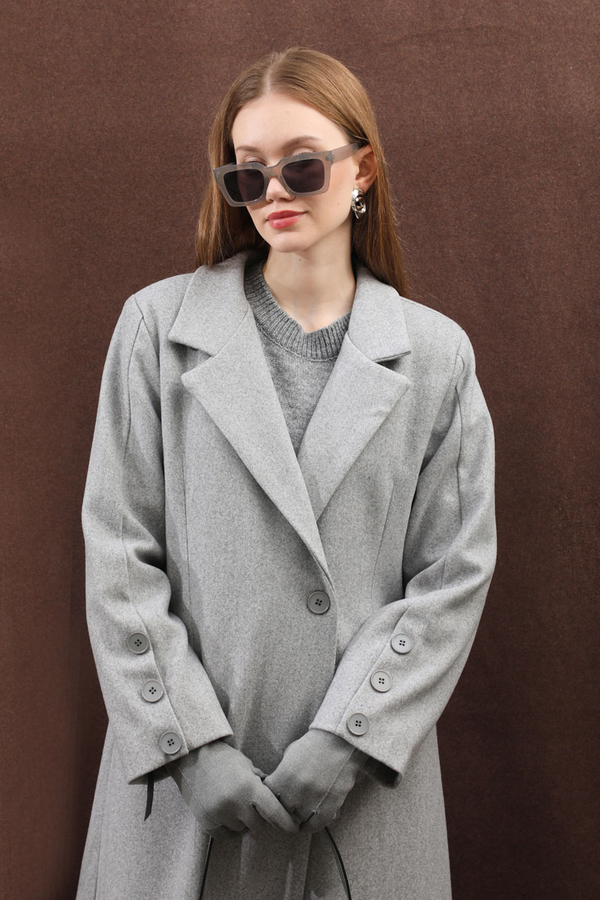 Düğmeli Klasik Kaban Gri - 18