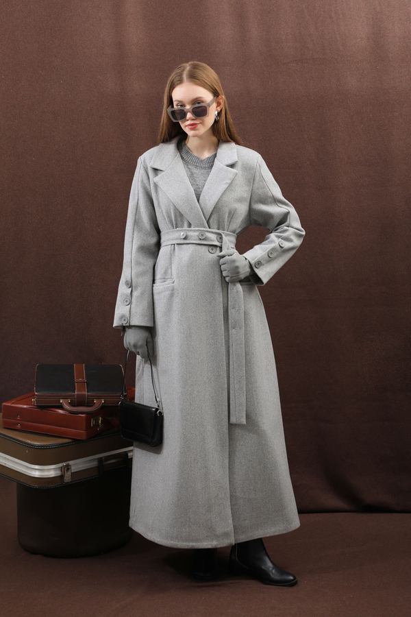 Düğmeli Klasik Kaban Gri - 22