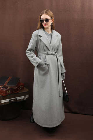 Düğmeli Klasik Kaban Gri - 23