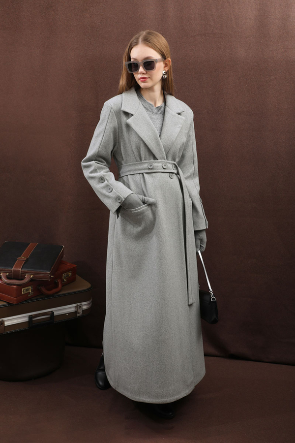 Düğmeli Klasik Kaban Gri - 23