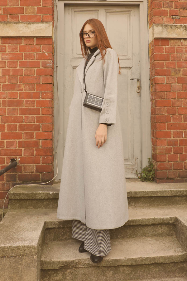 Düğmeli Klasik Kaban Gri - 3