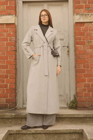 Düğmeli Klasik Kaban Gri - 4