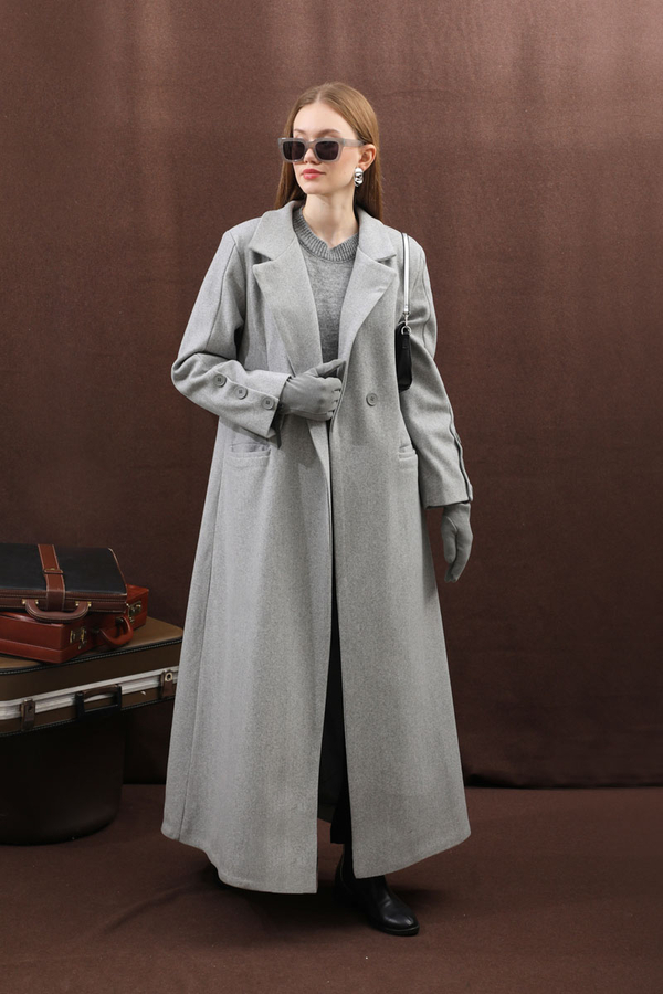 Düğmeli Klasik Kaban Gri - 11