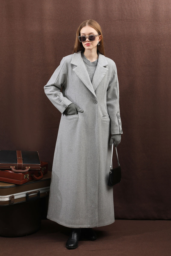 Düğmeli Klasik Kaban Gri - 13