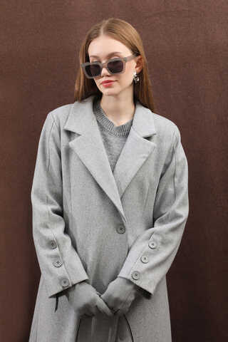 Düğmeli Klasik Kaban Gri - 15