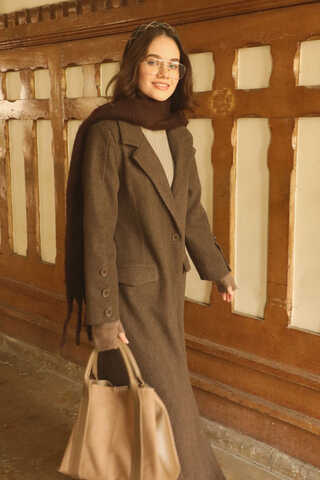 Düğmeli Klasik Kaban Kahverengi - 6