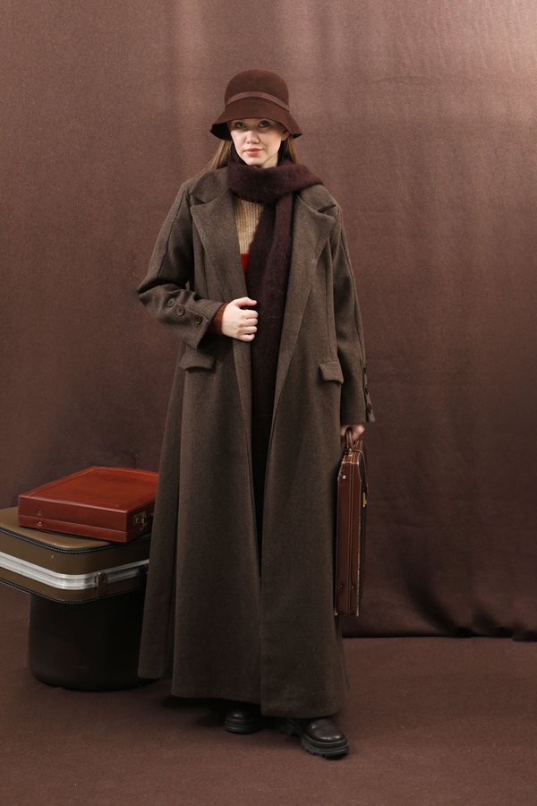 Düğmeli Klasik Kaban Kahverengi - 12