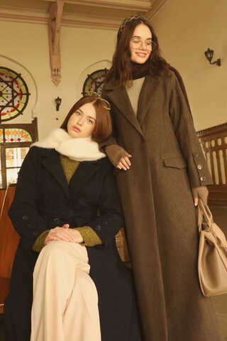 Düğmeli Klasik Kaban Lacivert - 7