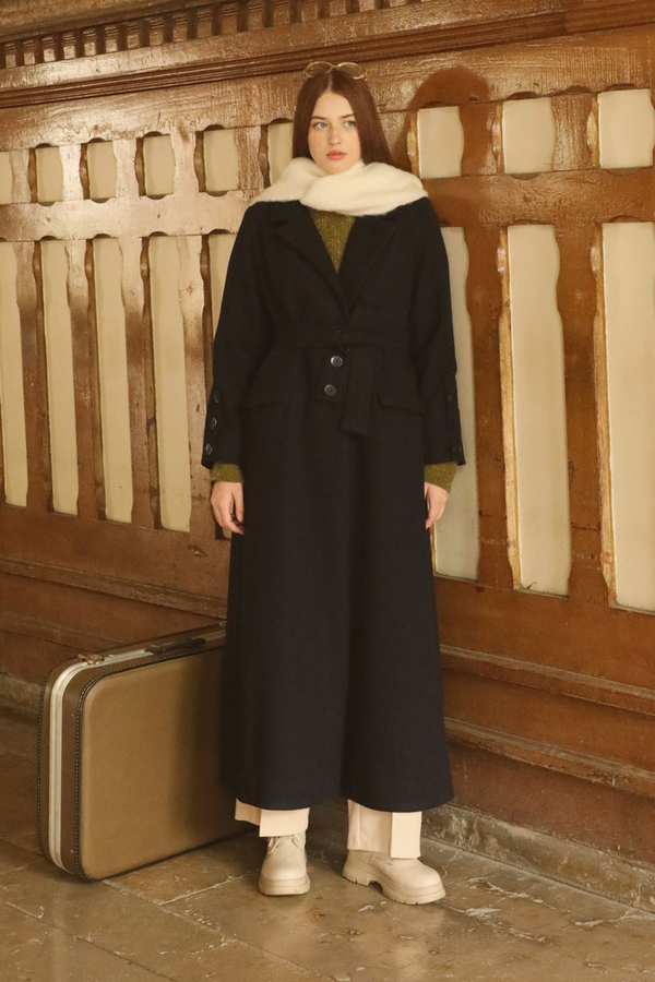 Düğmeli Klasik Kaban Lacivert - 2